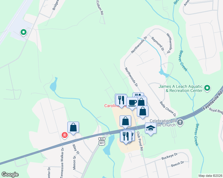 map of restaurants, bars, coffee shops, grocery stores, and more near 1940 Club Pond Road in Raeford