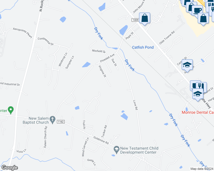 map of restaurants, bars, coffee shops, grocery stores, and more near 1701 Virginia Street in Monroe