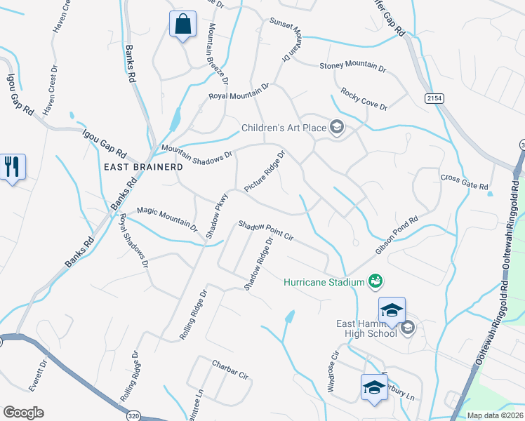 map of restaurants, bars, coffee shops, grocery stores, and more near 9403 Shadow Point Circle in Chattanooga