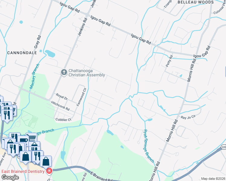 map of restaurants, bars, coffee shops, grocery stores, and more near 1727 Sterling Oaks Lane in Chattanooga