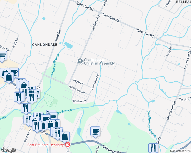map of restaurants, bars, coffee shops, grocery stores, and more near 1622 Fernwood Circle in Chattanooga