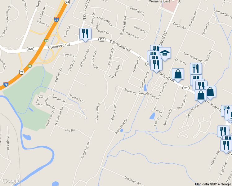 map of restaurants, bars, coffee shops, grocery stores, and more near 1103 Elaine Trail in Chattanooga
