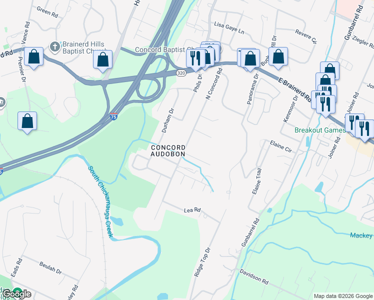 map of restaurants, bars, coffee shops, grocery stores, and more near 7138 Holland Lane in Chattanooga