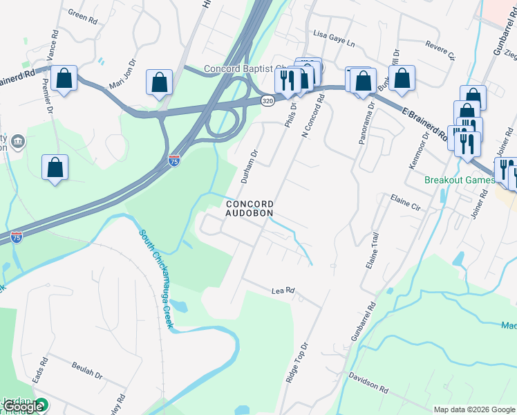map of restaurants, bars, coffee shops, grocery stores, and more near 1214 Durham Street in Chattanooga