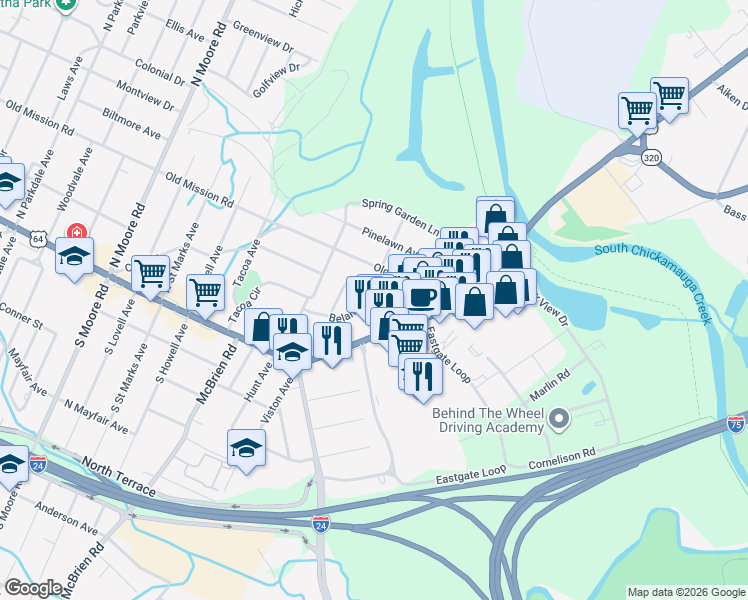 map of restaurants, bars, coffee shops, grocery stores, and more near 5637 Brainerd Road in Chattanooga