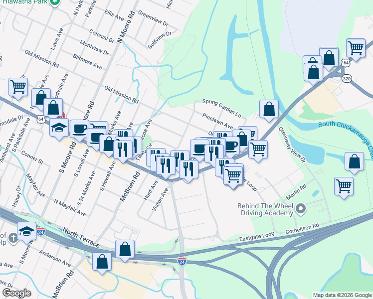 map of restaurants, bars, coffee shops, grocery stores, and more near 5500 Belaire Drive in Chattanooga