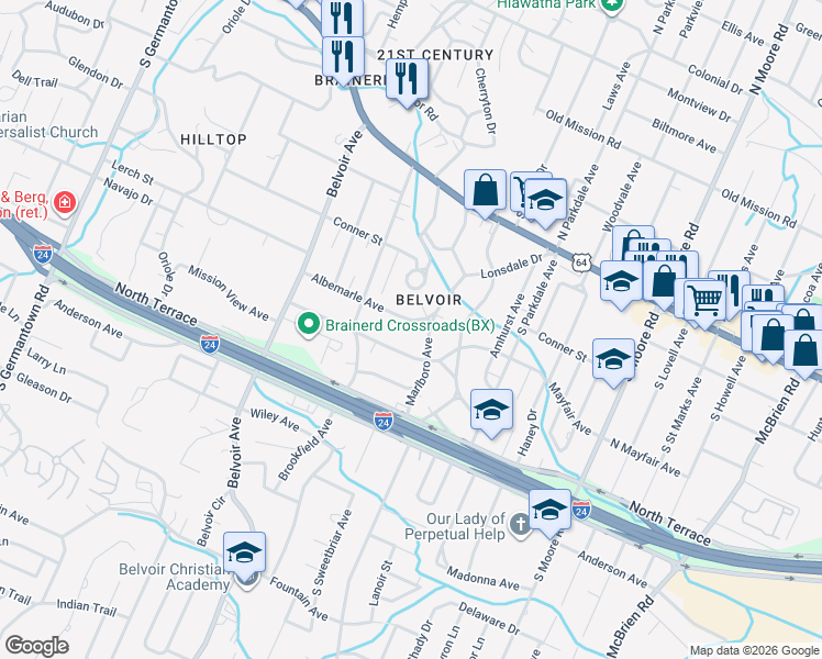 map of restaurants, bars, coffee shops, grocery stores, and more near 4123 Mayfair Avenue in Chattanooga