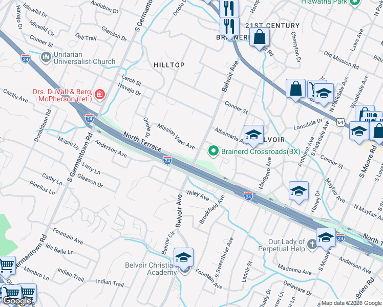 map of restaurants, bars, coffee shops, grocery stores, and more near 405 Belvoir Avenue in Chattanooga