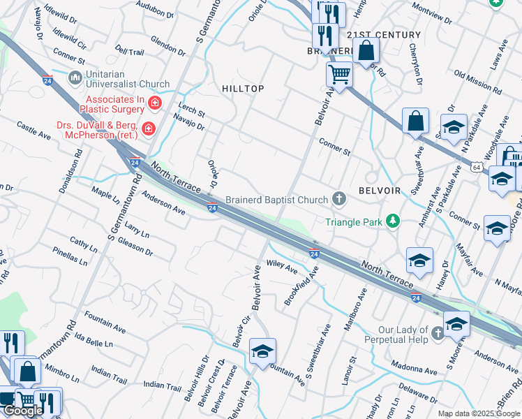 map of restaurants, bars, coffee shops, grocery stores, and more near 520 Bacon Trail in East Ridge
