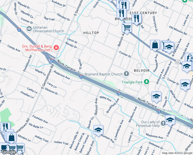 map of restaurants, bars, coffee shops, grocery stores, and more near 520 Bacon Trail in East Ridge
