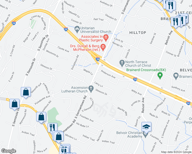 map of restaurants, bars, coffee shops, grocery stores, and more near 3605 Larry Lane in Chattanooga