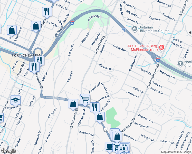 map of restaurants, bars, coffee shops, grocery stores, and more near 817 Summitt Avenue in Chattanooga