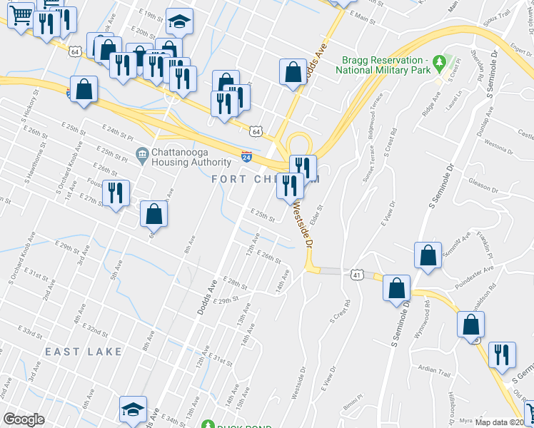 map of restaurants, bars, coffee shops, grocery stores, and more near 2711 Woodside Street in Chattanooga