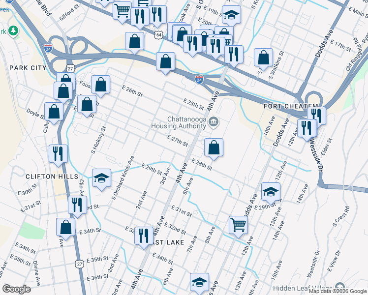 map of restaurants, bars, coffee shops, grocery stores, and more near 2140 East 28th Street in Chattanooga