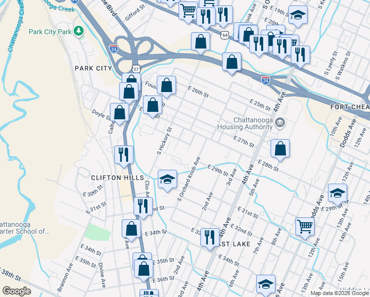 map of restaurants, bars, coffee shops, grocery stores, and more near 2903 South Orchard Knob Avenue in Chattanooga