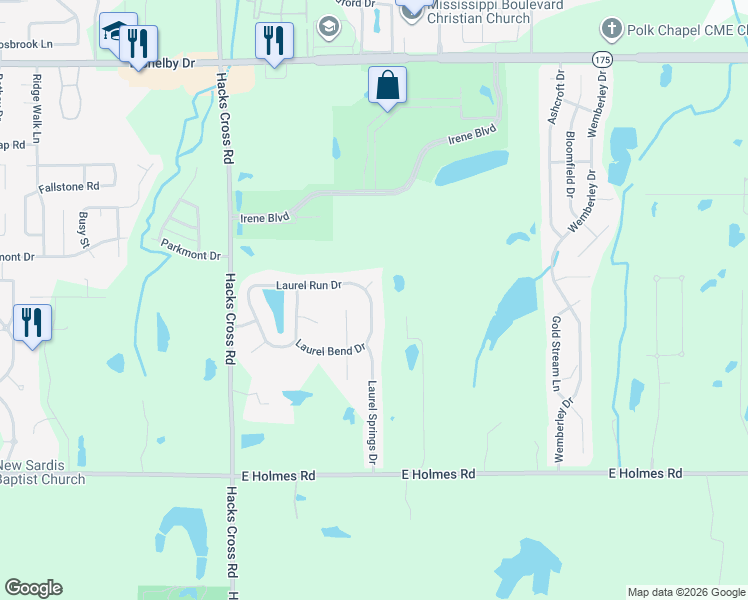 map of restaurants, bars, coffee shops, grocery stores, and more near 4999 Laurel Forest Cove in Memphis