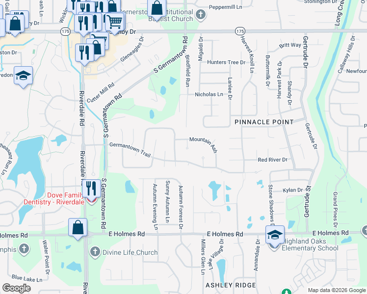map of restaurants, bars, coffee shops, grocery stores, and more near 5014 East Old Farm Road in Memphis