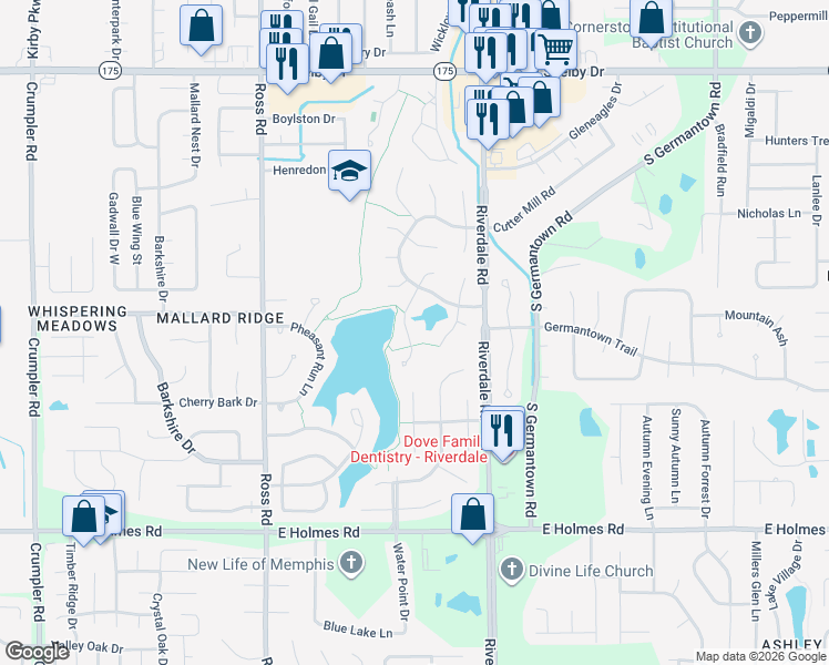 map of restaurants, bars, coffee shops, grocery stores, and more near 5009 Woodberry Cove South in Memphis