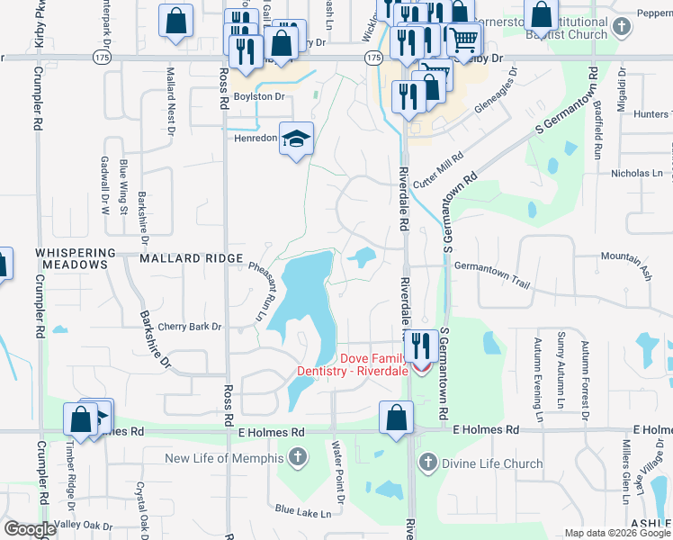 map of restaurants, bars, coffee shops, grocery stores, and more near 5031 Arbor Lake Drive in Memphis