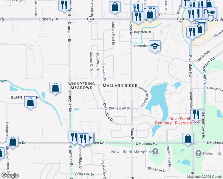 map of restaurants, bars, coffee shops, grocery stores, and more near 6621 Mistletoe Cove in Memphis