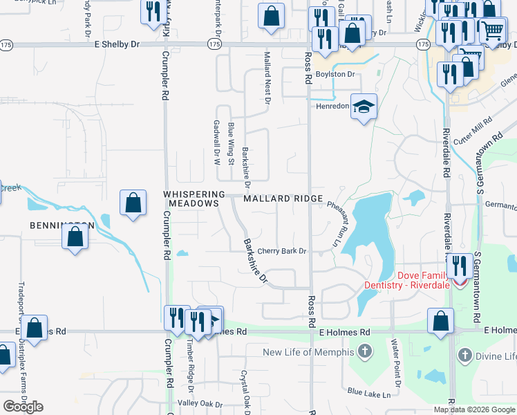 map of restaurants, bars, coffee shops, grocery stores, and more near 6621 Mistletoe Cove in Memphis
