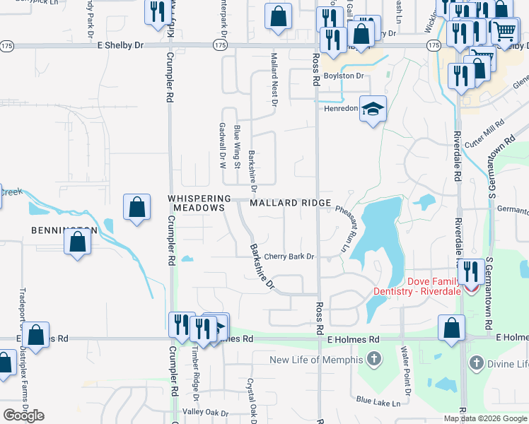 map of restaurants, bars, coffee shops, grocery stores, and more near 6621 Mistletoe Cove in Memphis