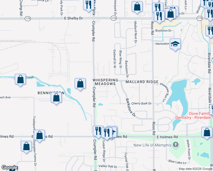map of restaurants, bars, coffee shops, grocery stores, and more near 6476 Amberwood Drive in Memphis