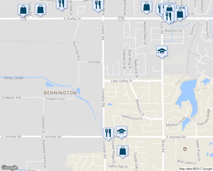map of restaurants, bars, coffee shops, grocery stores, and more near 6440 Amberwood Drive in Memphis