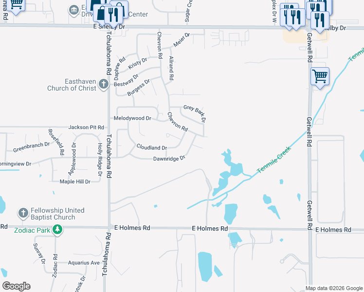 map of restaurants, bars, coffee shops, grocery stores, and more near 3481 Dawnridge Drive in Memphis