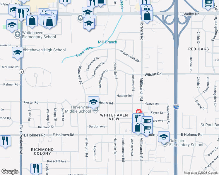 map of restaurants, bars, coffee shops, grocery stores, and more near 5017 Haleville Road in Memphis