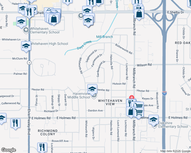 map of restaurants, bars, coffee shops, grocery stores, and more near 5020 Gardenwood Drive in Memphis