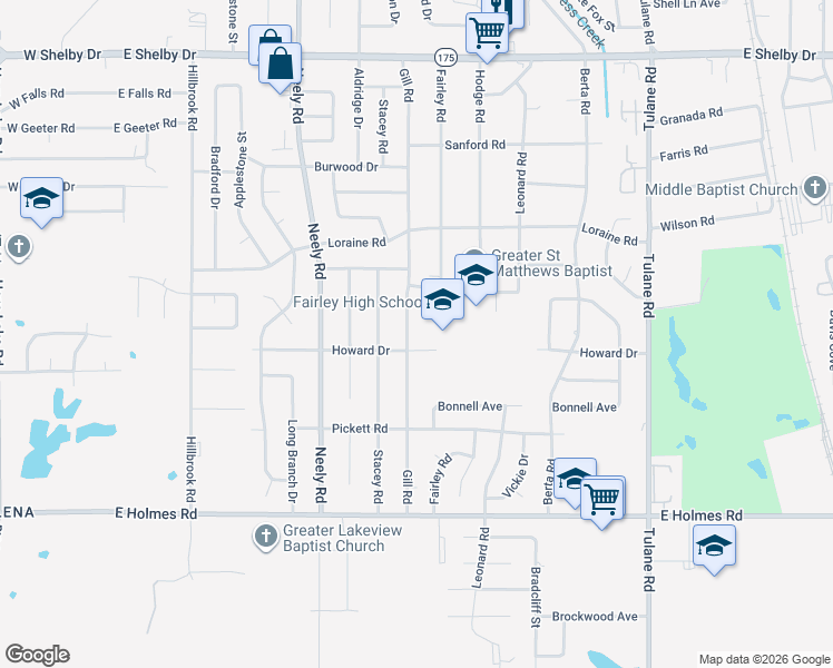 map of restaurants, bars, coffee shops, grocery stores, and more near 5025 Gill Road in Memphis