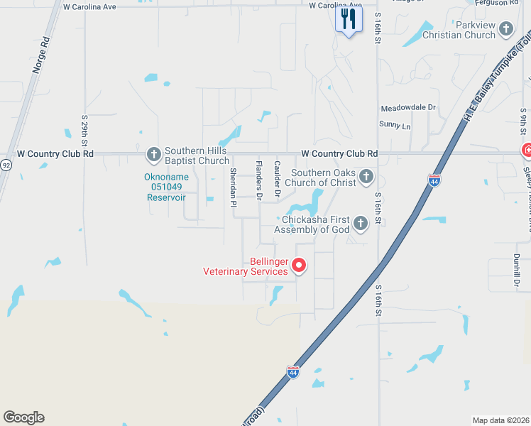 map of restaurants, bars, coffee shops, grocery stores, and more near 210 Willow Creek Road in Chickasha