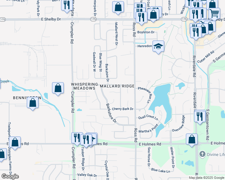 map of restaurants, bars, coffee shops, grocery stores, and more near 6606 Mistletoe Cove in Memphis