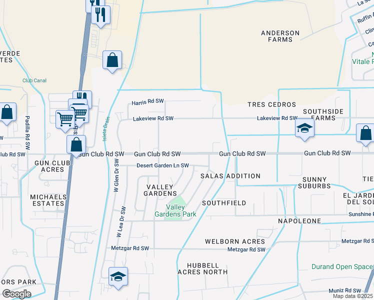 map of restaurants, bars, coffee shops, grocery stores, and more near 2519 Gun Club Road Southwest in Albuquerque