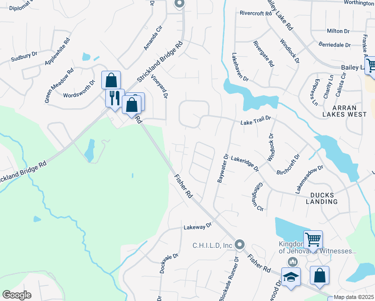map of restaurants, bars, coffee shops, grocery stores, and more near 2539 Gardner Park Drive in Fayetteville