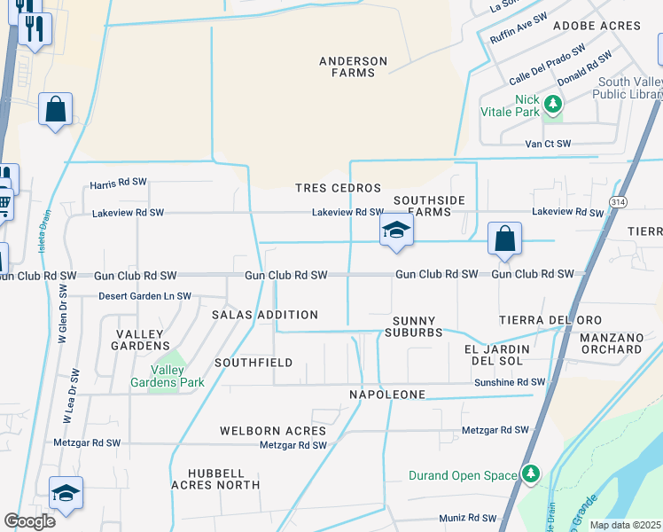 map of restaurants, bars, coffee shops, grocery stores, and more near 2227 Gun Club Road Southwest in Albuquerque