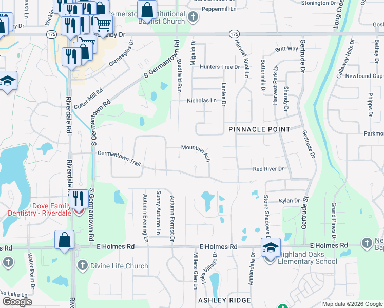 map of restaurants, bars, coffee shops, grocery stores, and more near 7238 Germantown Trail in Memphis
