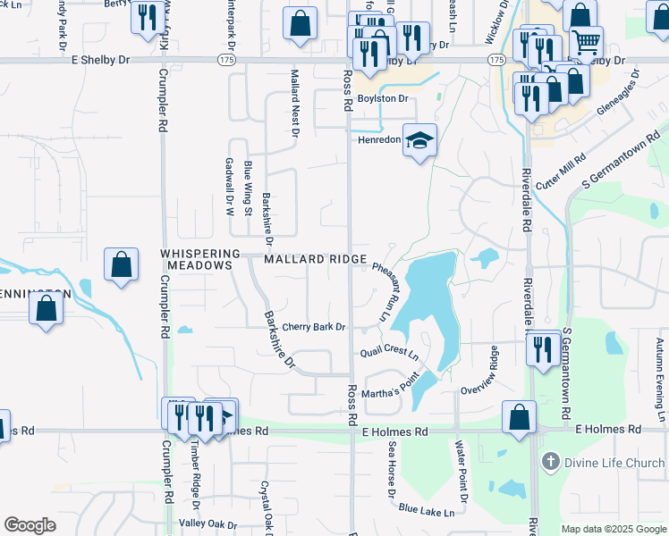 map of restaurants, bars, coffee shops, grocery stores, and more near 4990 Lake Valley Cove in Memphis