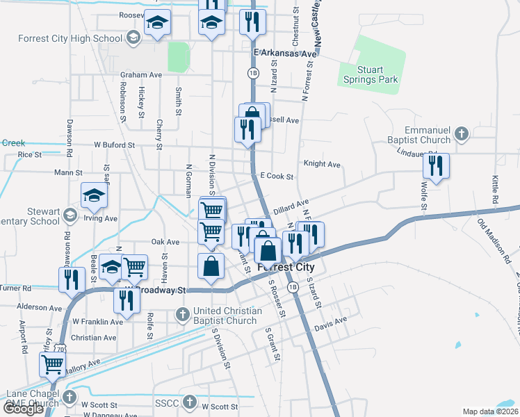 map of restaurants, bars, coffee shops, grocery stores, and more near 321 North Rosser Street in Forrest City