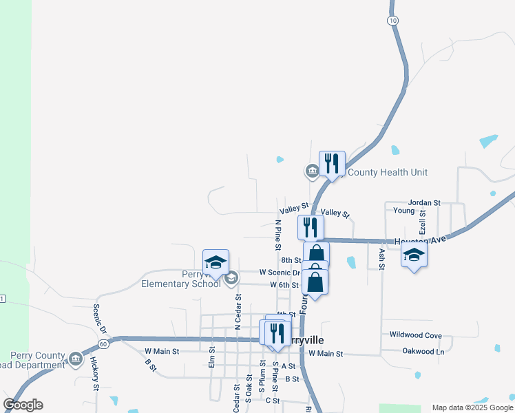map of restaurants, bars, coffee shops, grocery stores, and more near 200 Valley Street in Perryville