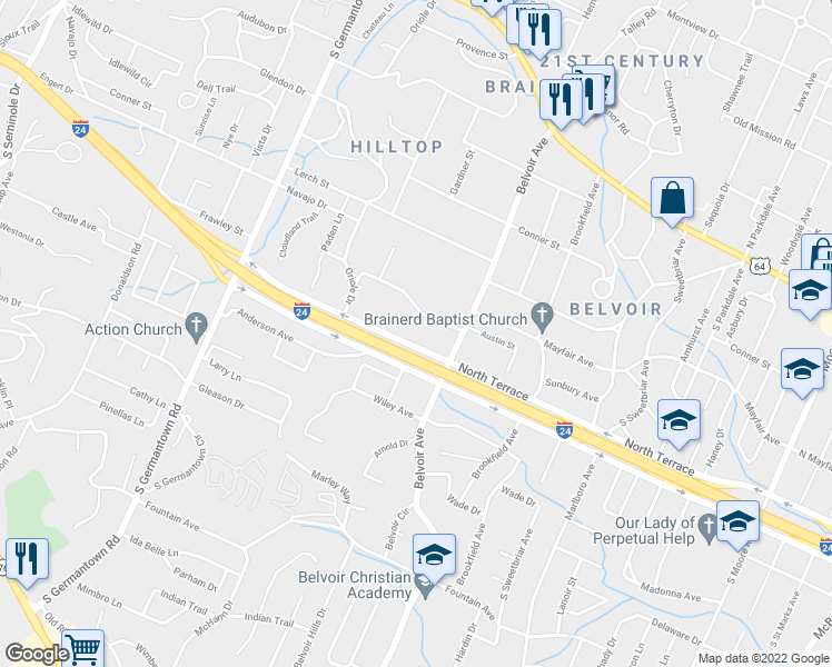 map of restaurants, bars, coffee shops, grocery stores, and more near 3833 North Terrace in Chattanooga