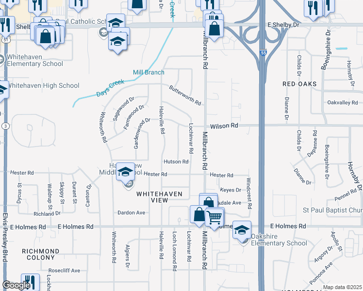 map of restaurants, bars, coffee shops, grocery stores, and more near 4992 Loch Lomond Road in Memphis