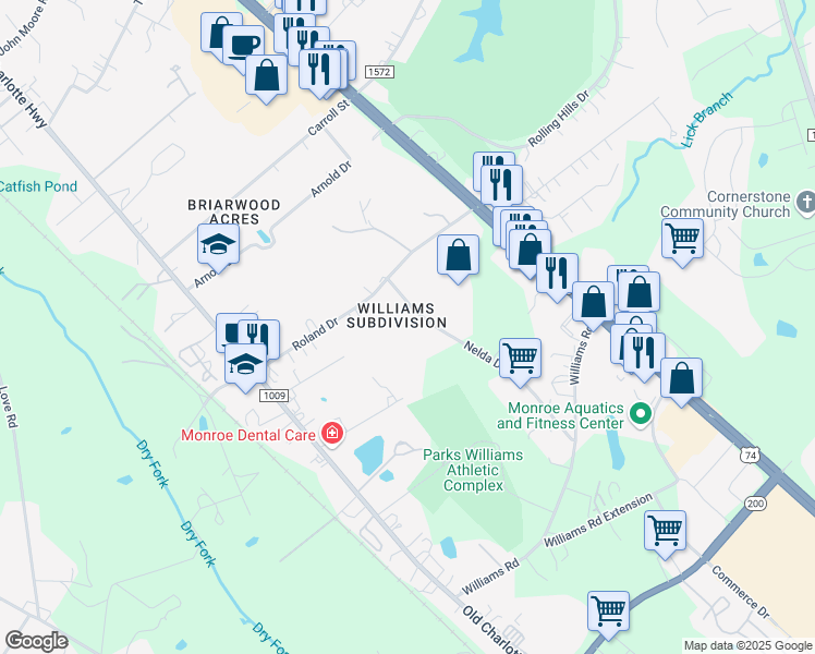 map of restaurants, bars, coffee shops, grocery stores, and more near 2340 Roland Drive in Monroe