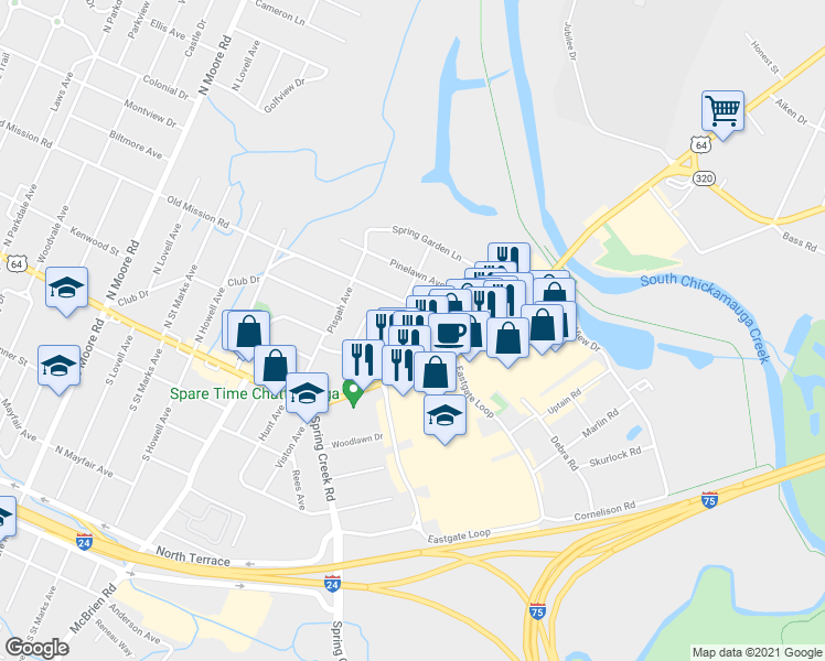 map of restaurants, bars, coffee shops, grocery stores, and more near 5600 Old Mission Road in Chattanooga