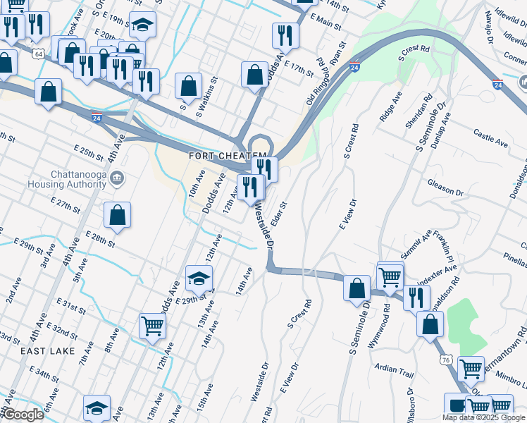 map of restaurants, bars, coffee shops, grocery stores, and more near 2410 Westside Drive in Chattanooga