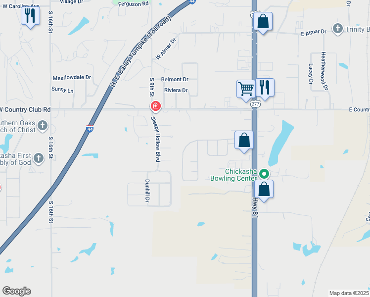 map of restaurants, bars, coffee shops, grocery stores, and more near 18 Dusky Valley Lane in Chickasha