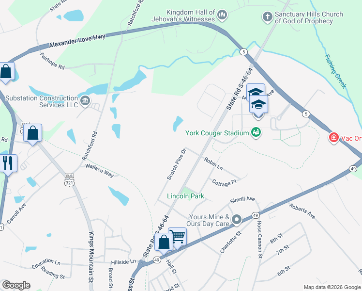 map of restaurants, bars, coffee shops, grocery stores, and more near 163 Scotch Pine Drive in York