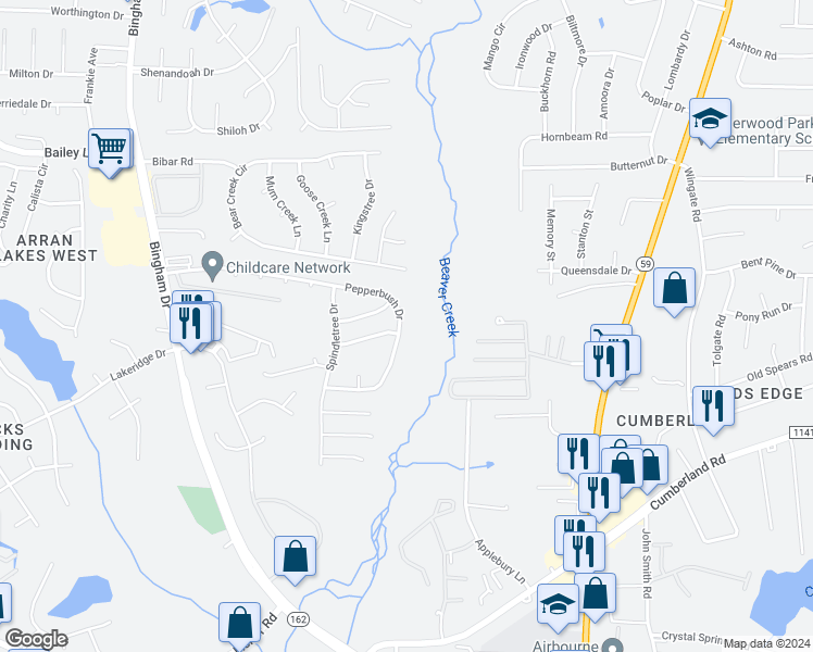 map of restaurants, bars, coffee shops, grocery stores, and more near 5620 Pepperbush Drive in Fayetteville