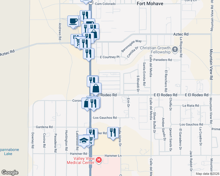 map of restaurants, bars, coffee shops, grocery stores, and more near 1545 East El Rodeo Road in Fort Mohave